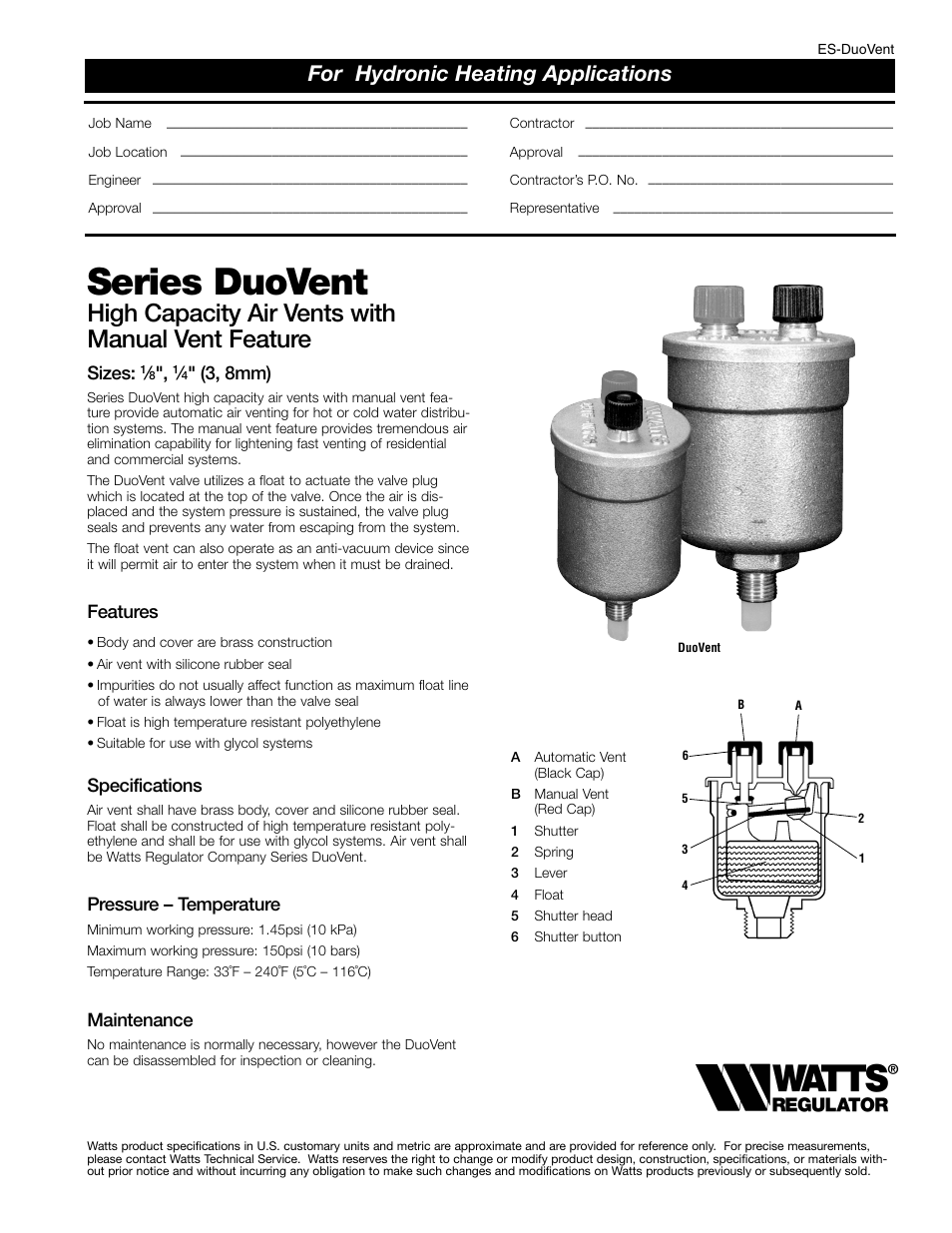 Watts DuoVent User Manual | 2 pages