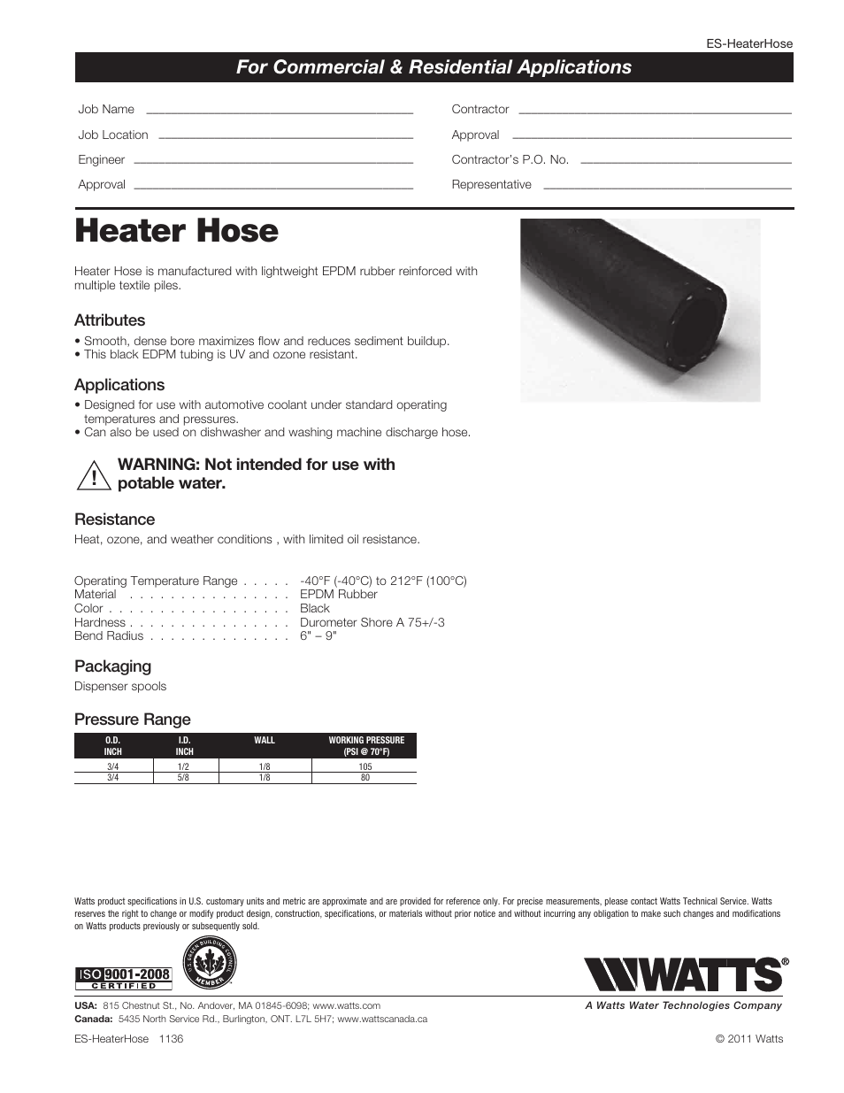 Watts Heater Hose - Reels User Manual | 1 page