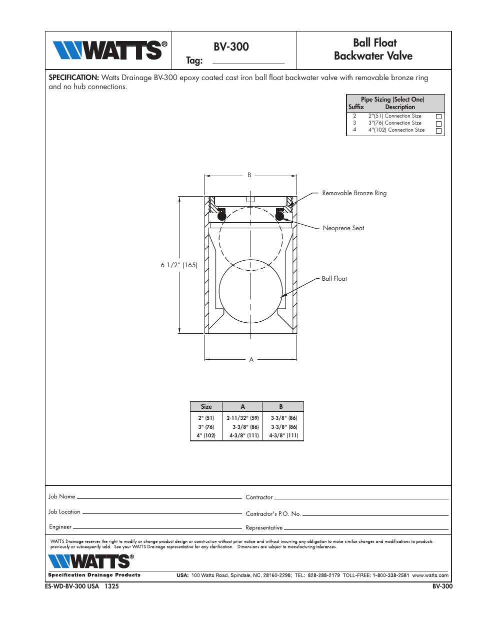 Watts BV-300 User Manual | 1 page