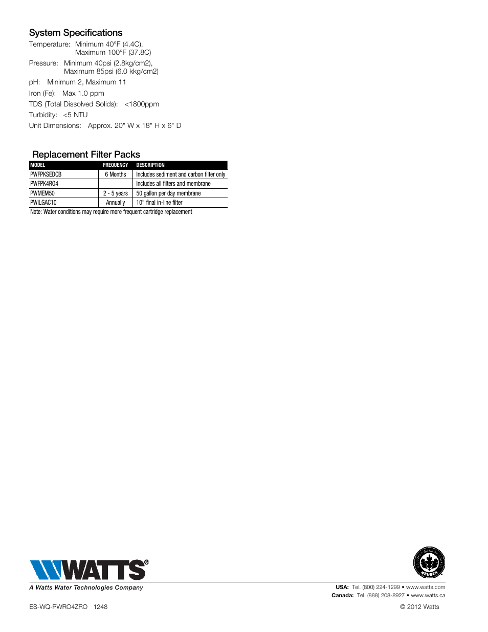 Replacement filter packs, System specifications | Watts PWRO4ZRO User Manual | Page 2 / 2