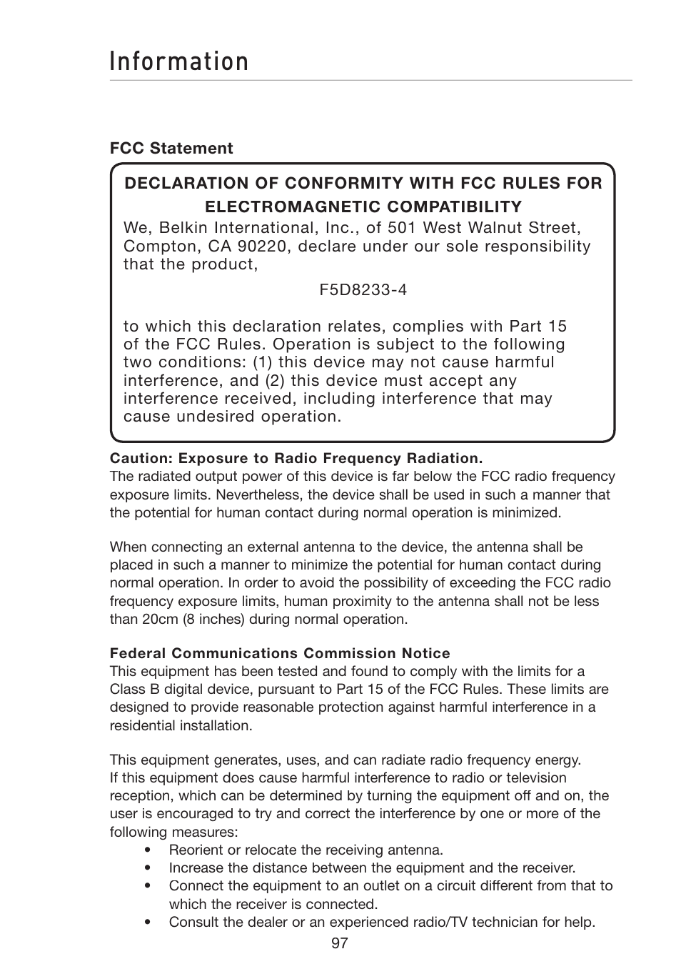 Information | Belkin F5D8233-4 User Manual | Page 100 / 104