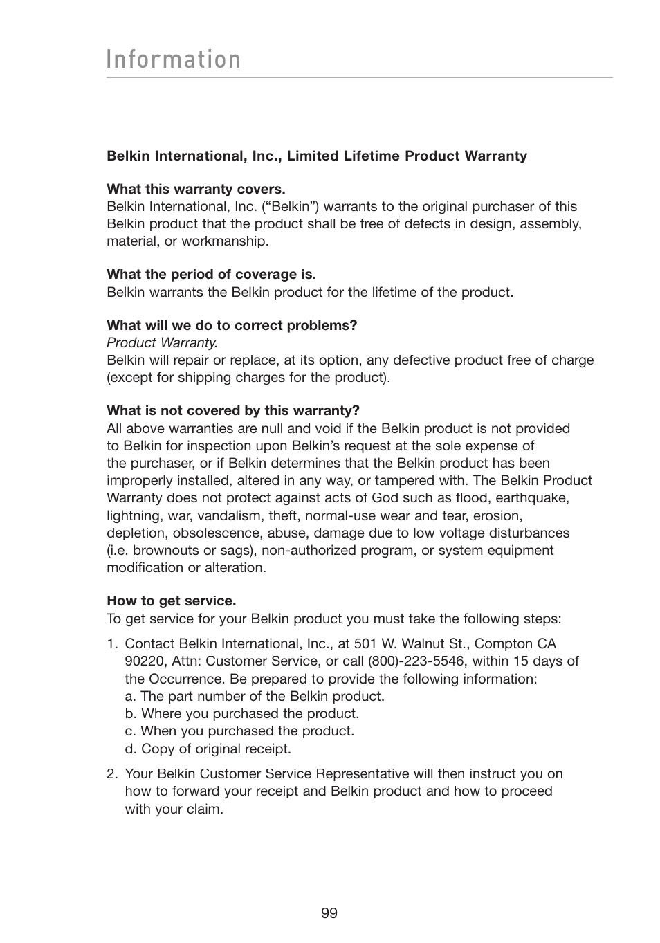 Information | Belkin F5D8233-4 User Manual | Page 102 / 104