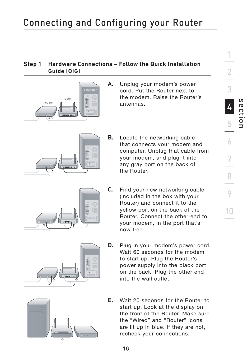 Connecting and configuring your router, Se ct io n | Belkin F5D8233-4 User Manual | Page 19 / 104