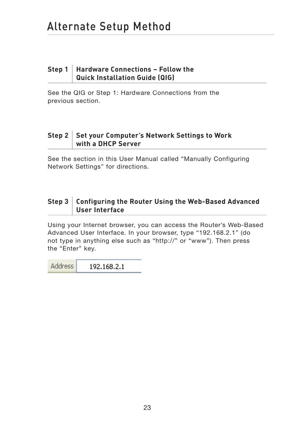 Alternate setup method | Belkin F5D8233-4 User Manual | Page 26 / 104