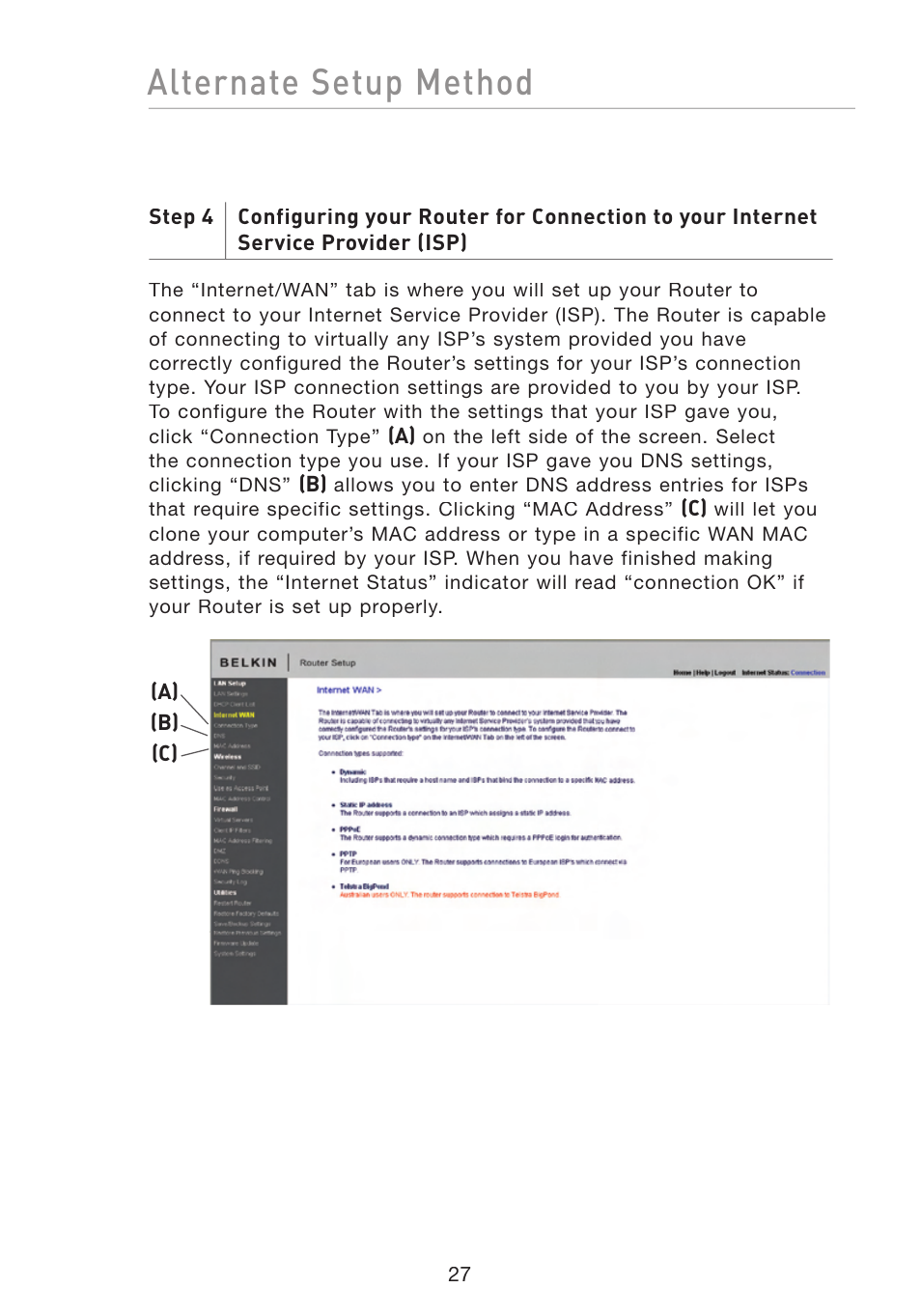 Alternate setup method | Belkin F5D8233-4 User Manual | Page 30 / 104