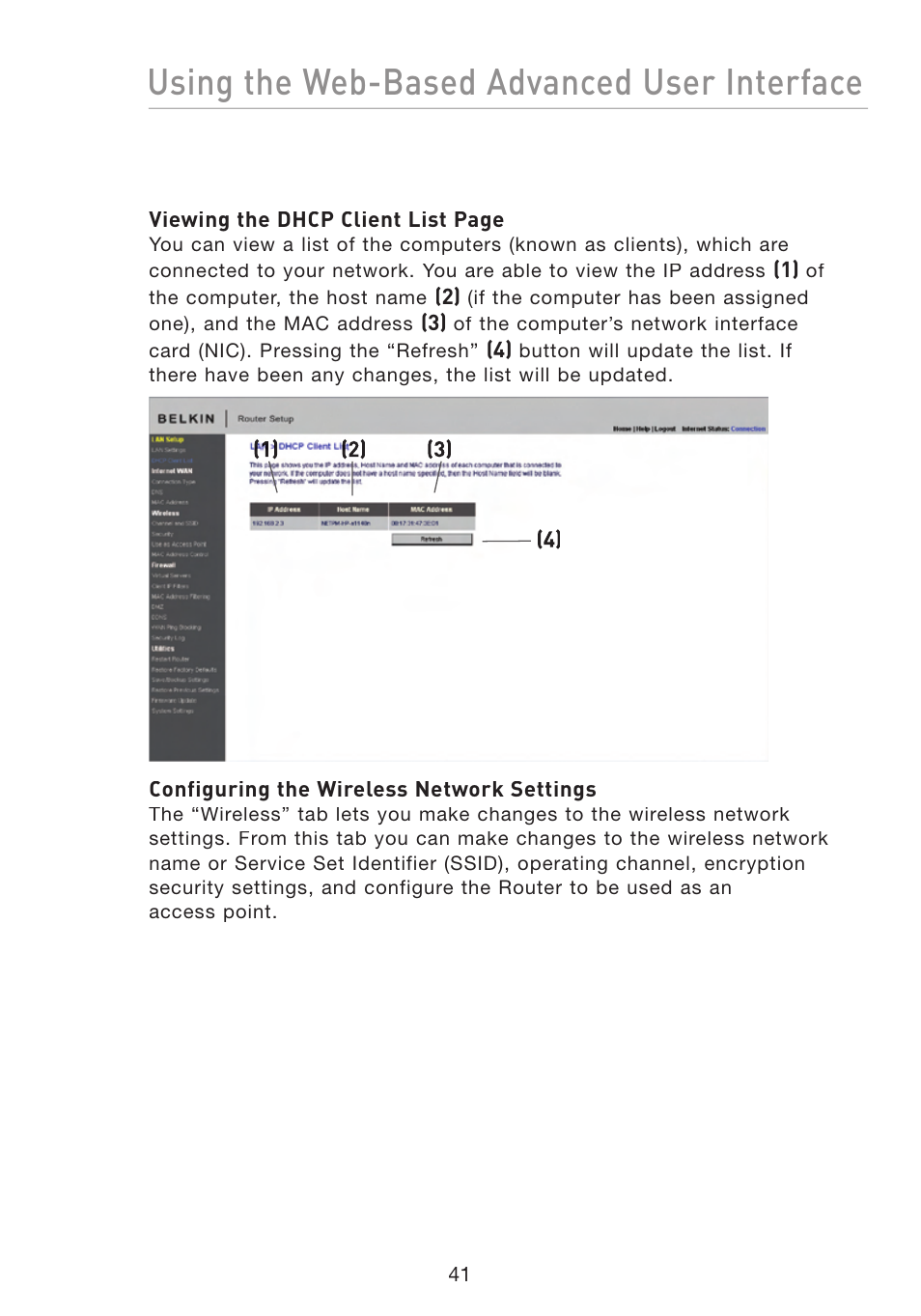 Using the web-based advanced user interface | Belkin F5D8233-4 User Manual | Page 44 / 104