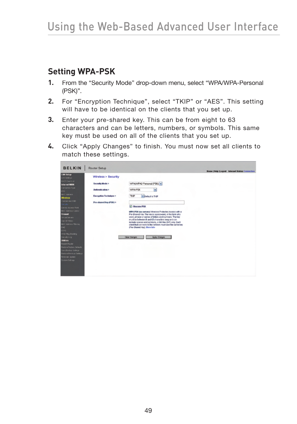 Using the web-based advanced user interface, Setting wpa-psk | Belkin F5D8233-4 User Manual | Page 52 / 104