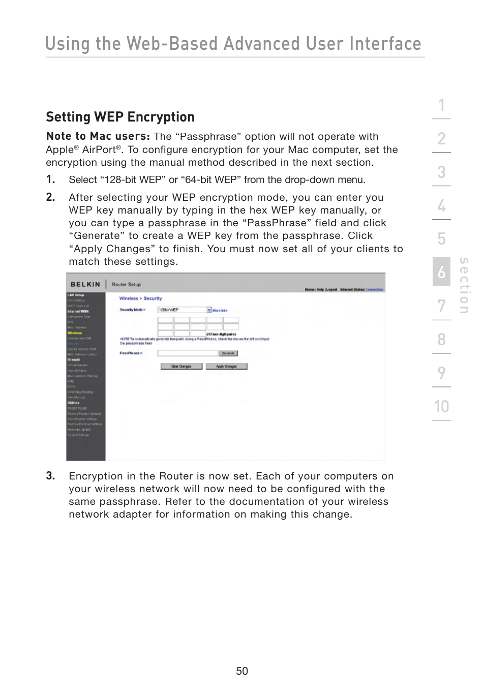 Using the web-based advanced user interface, Se ct io n | Belkin F5D8233-4 User Manual | Page 53 / 104