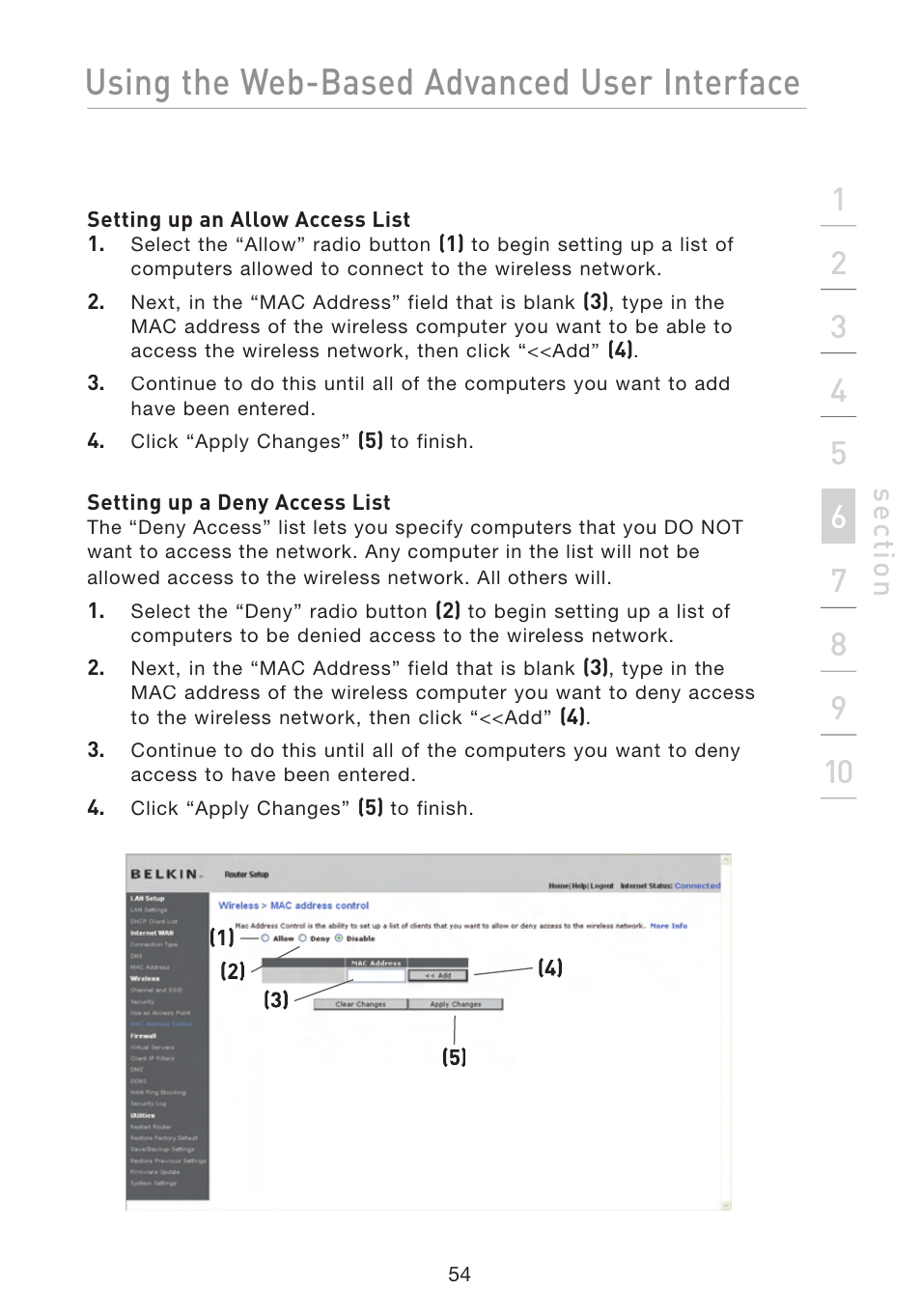 Using the web-based advanced user interface, Se ct io n | Belkin F5D8233-4 User Manual | Page 57 / 104