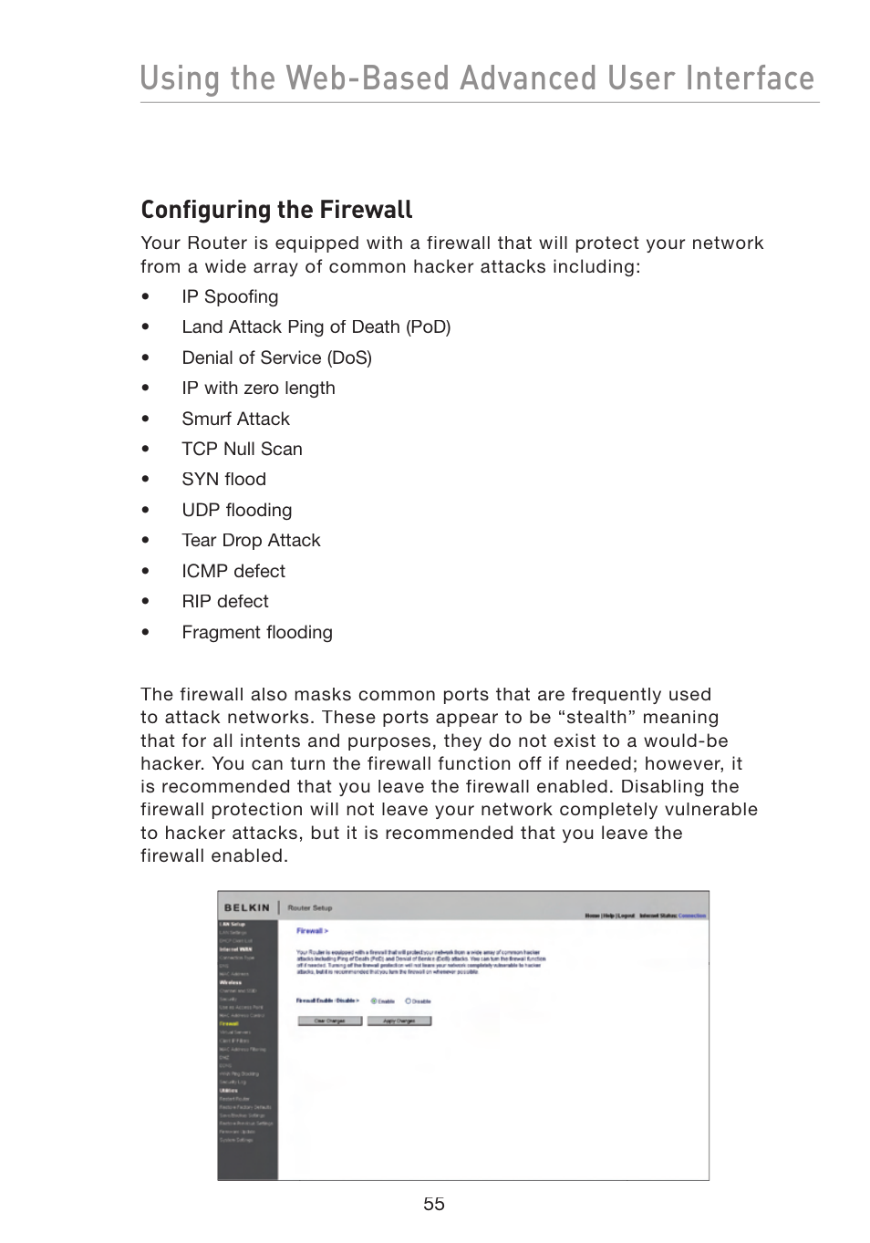 Using the web-based advanced user interface, Configuring the firewall | Belkin F5D8233-4 User Manual | Page 58 / 104