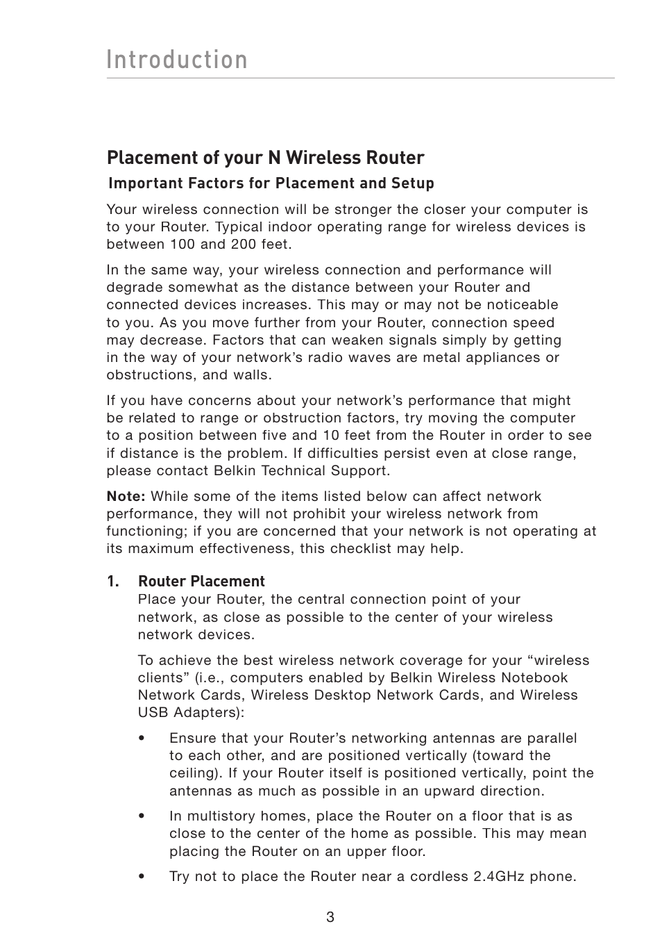 Introduction, Placement of your n wireless router | Belkin F5D8233-4 User Manual | Page 6 / 104