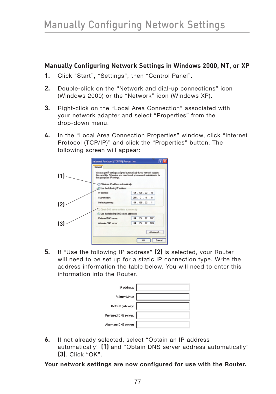 Manually configuring network settings | Belkin F5D8233-4 User Manual | Page 80 / 104