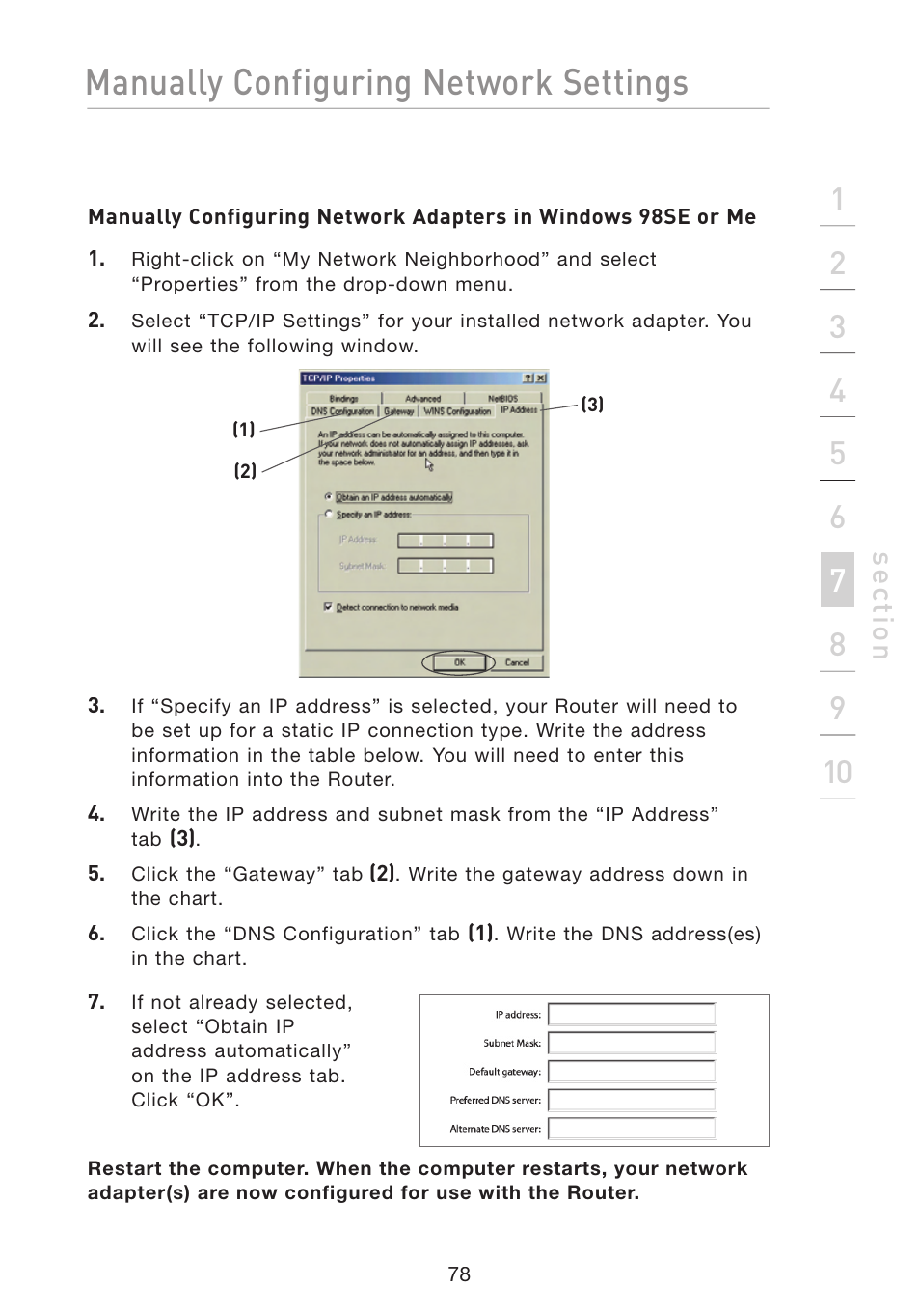 Manually configuring network settings, Se ct io n | Belkin F5D8233-4 User Manual | Page 81 / 104
