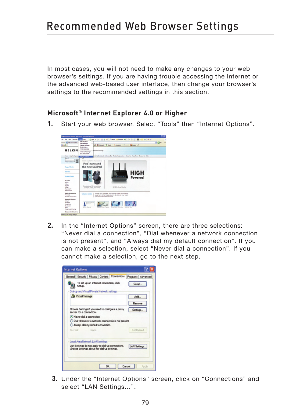 Recommended web browser settings | Belkin F5D8233-4 User Manual | Page 82 / 104