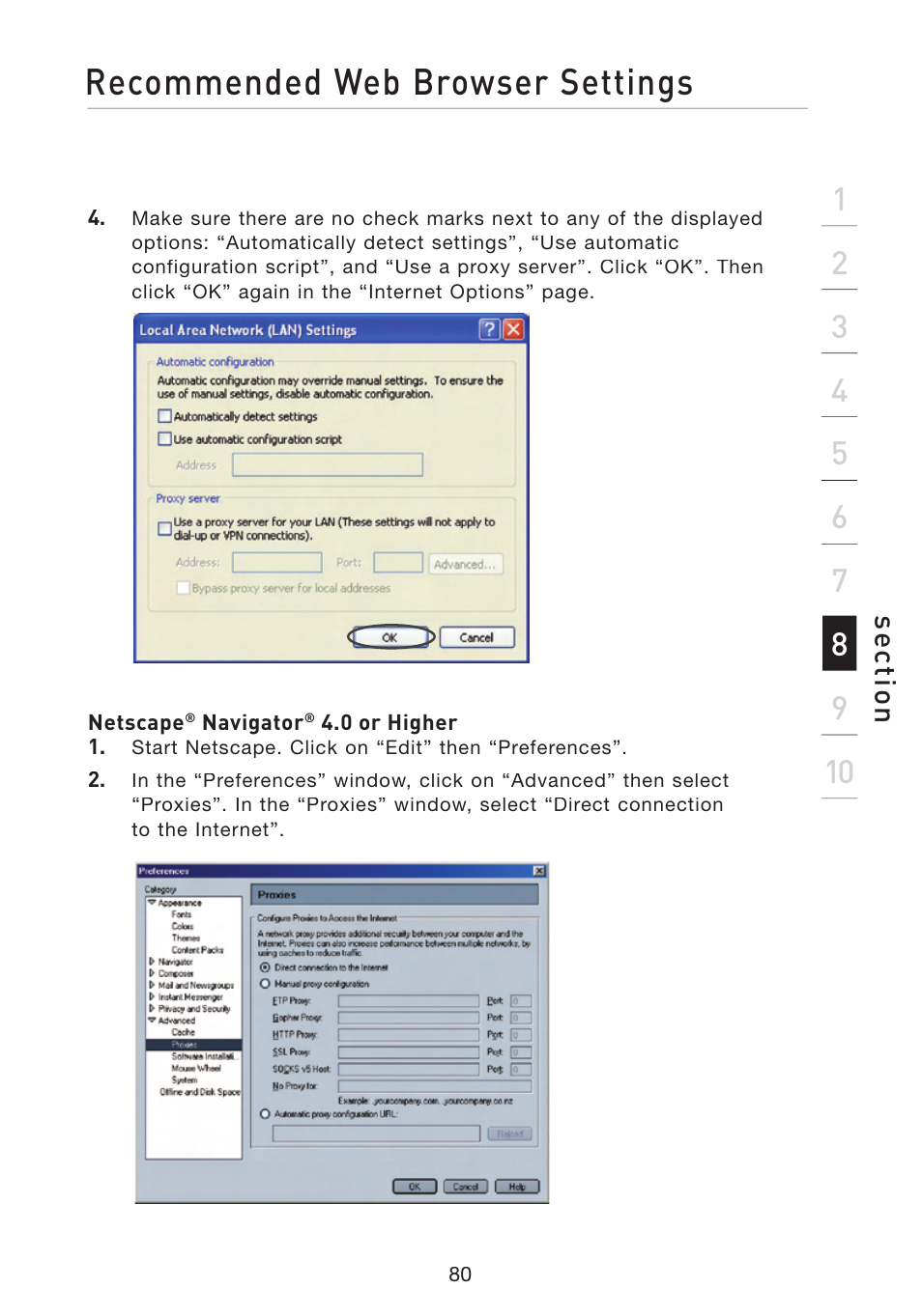 Recommended web browser settings, Se ct io n | Belkin F5D8233-4 User Manual | Page 83 / 104