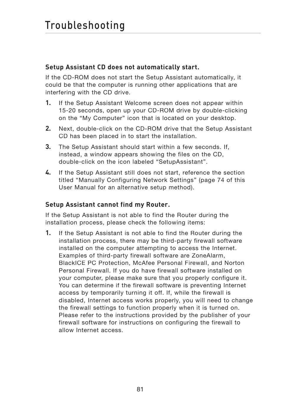 Troubleshooting | Belkin F5D8233-4 User Manual | Page 84 / 104