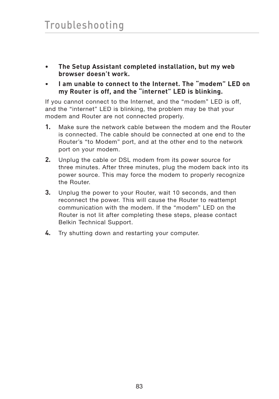 Troubleshooting | Belkin F5D8233-4 User Manual | Page 86 / 104