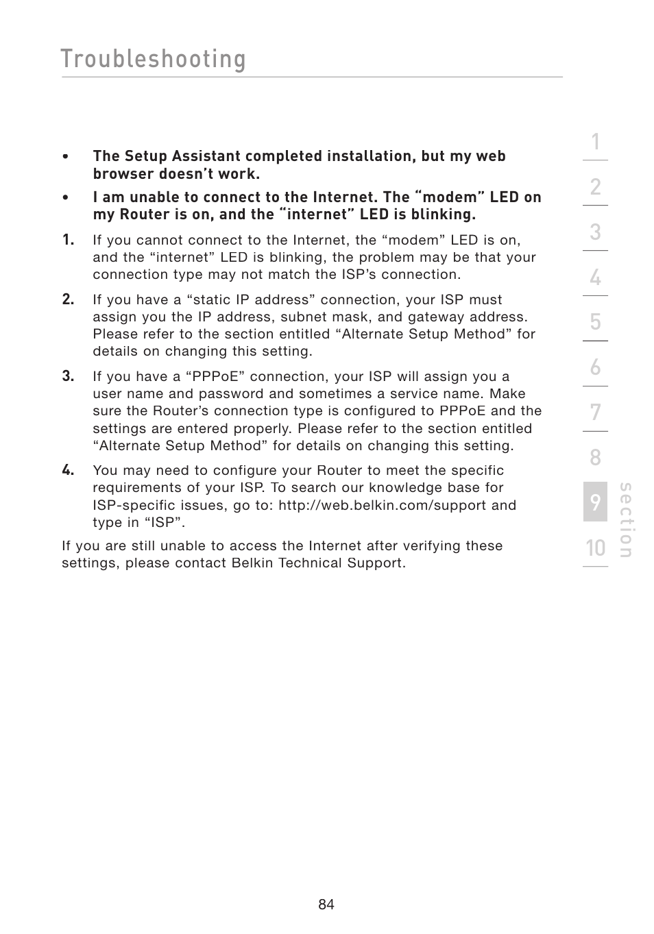 Troubleshooting, Se ct io n | Belkin F5D8233-4 User Manual | Page 87 / 104