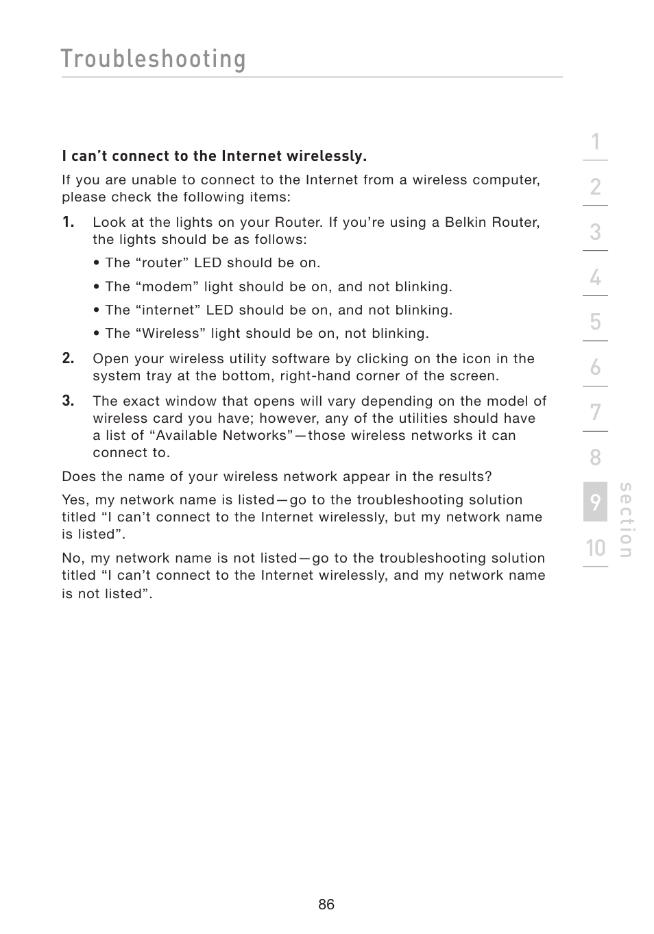 Troubleshooting, Se ct io n | Belkin F5D8233-4 User Manual | Page 89 / 104