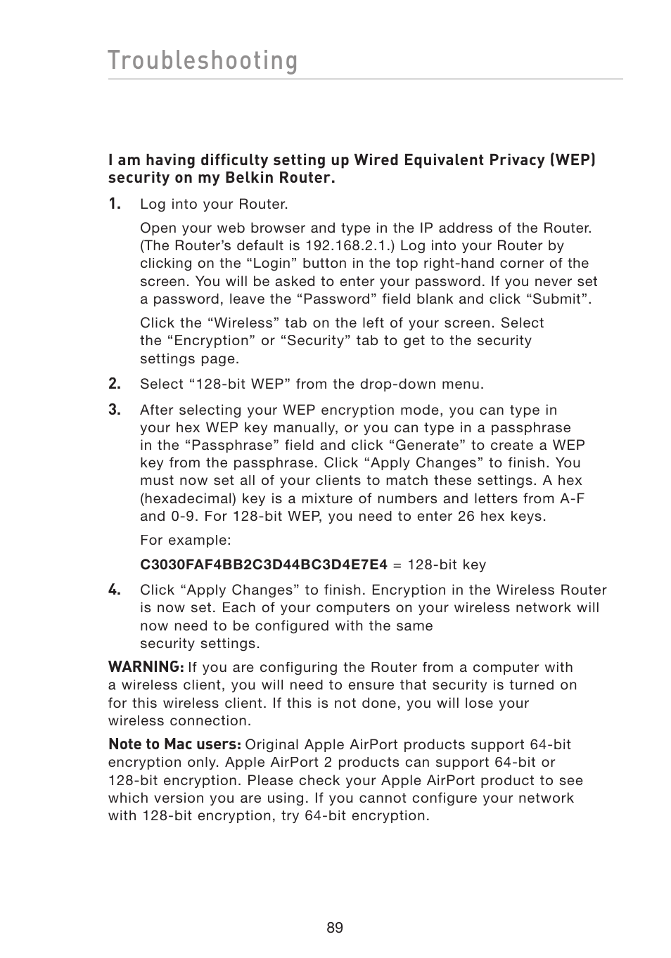 Troubleshooting | Belkin F5D8233-4 User Manual | Page 92 / 104