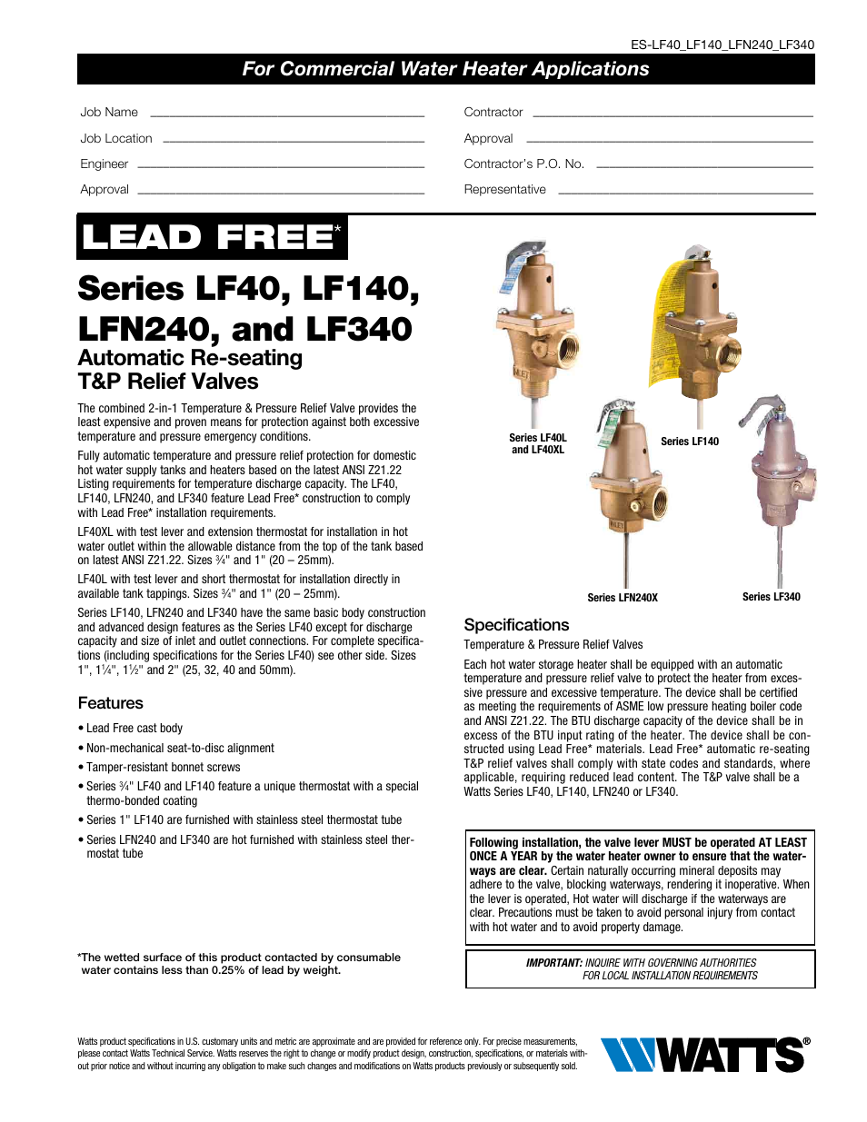 Watts LF40XL User Manual | 2 pages