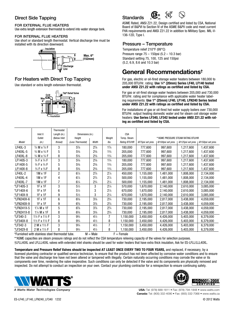 General recommendations, Direct side tapping, For heaters with direct top tapping | Pressure – temperature, Standards | Watts LF40XL User Manual | Page 2 / 2