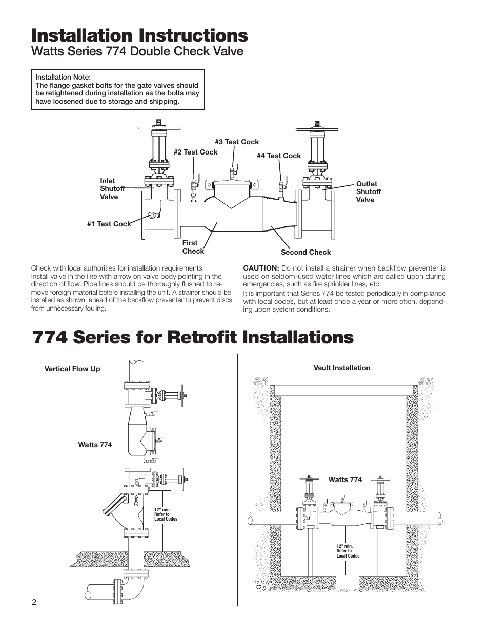 774 series for retrofit installations, Installation instructions, Watts series 774 double check valve | Watts 774 User Manual | Page 2 / 8