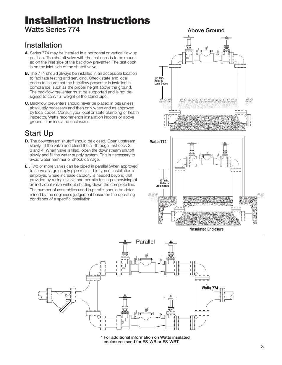 Installation instructions, Installation, Start up | Watts series 774 | Watts 774 User Manual | Page 3 / 8