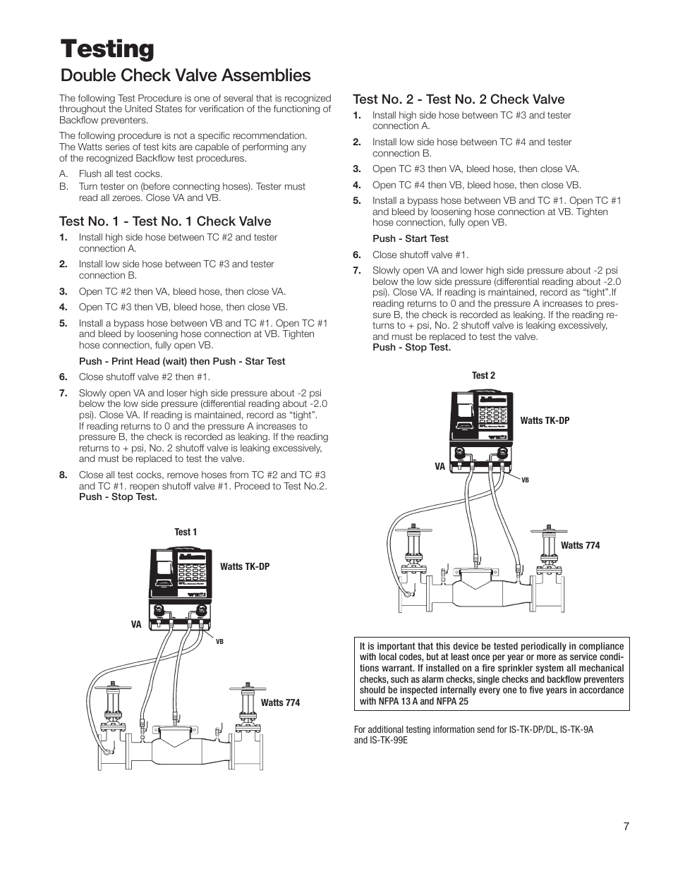 Testing, Double check valve assemblies, Test no. 2 - test no. 2 check valve | Test no. 1 - test no. 1 check valve | Watts 774 User Manual | Page 7 / 8