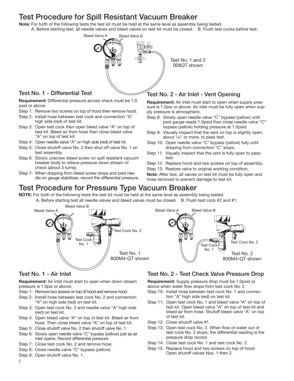 Test procedure for spill resistant vacuum breaker, Test procedure for pressure type vacuum breaker, Test no. 1 - air inlet | Test no. 2 - test check valve pressure drop, Test no. 1 - differential test, Test no. 2 - air inlet - vent opening | Watts TK-99E User Manual | Page 2 / 4