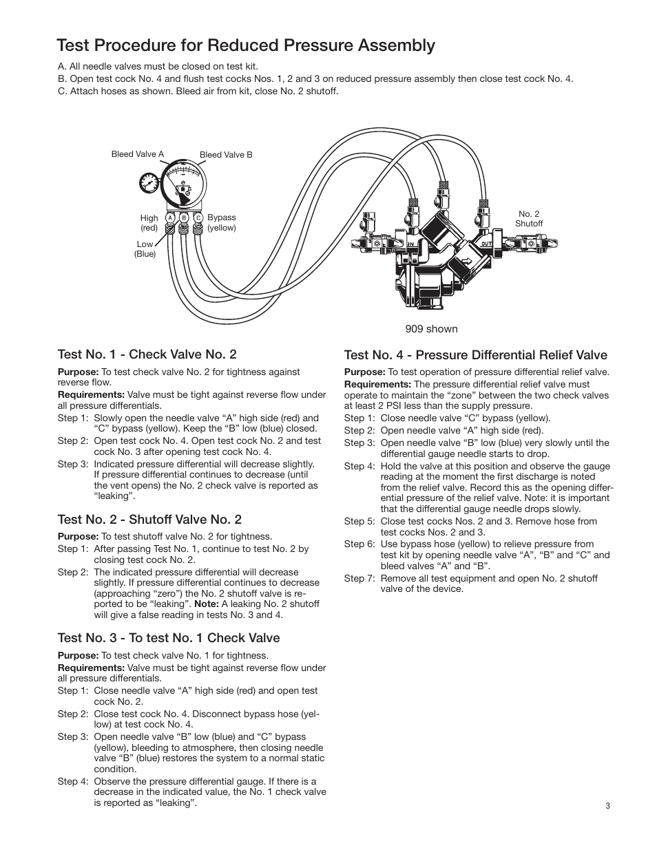 Test procedure for reduced pressure assembly, Test no. 4 - pressure differential relief valve, Test no. 1 - check valve no. 2 | Test no. 2 - shutoff valve no. 2, Test no. 3 - to test no. 1 check valve | Watts TK-99E User Manual | Page 3 / 4