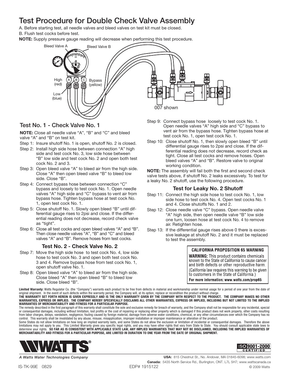 Test procedure for double check valve assembly, Test no. 1 - check valve no. 1, Test no. 2 - check valve no. 2 | Test for leaky no. 2 shutoff | Watts TK-99E User Manual | Page 4 / 4
