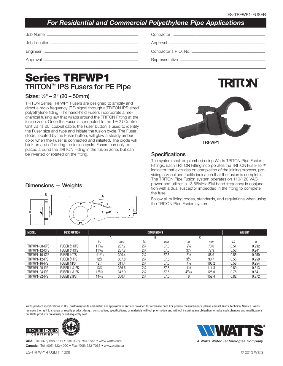 Watts TRFWP1 IPS Fusers User Manual | 1 page