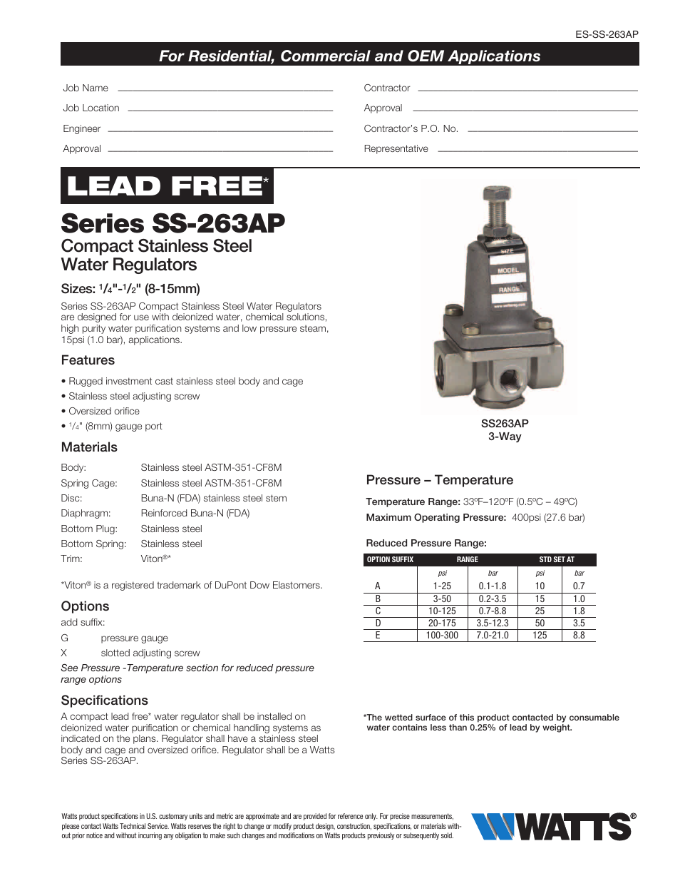 Watts SS263AP User Manual | 2 pages