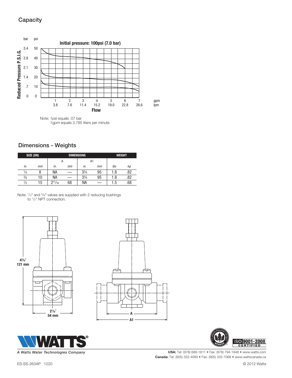 Dimensions - weights capacity, Reduced pressure p.s.i.g, Flow | Watts SS263AP User Manual | Page 2 / 2