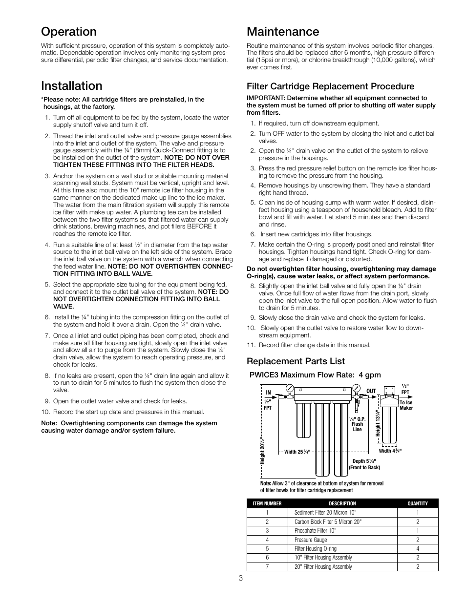 Operation, Installation, Maintenance | Filter cartridge replacement procedure, Replacement parts list | Watts PWICE3 User Manual | Page 3 / 4