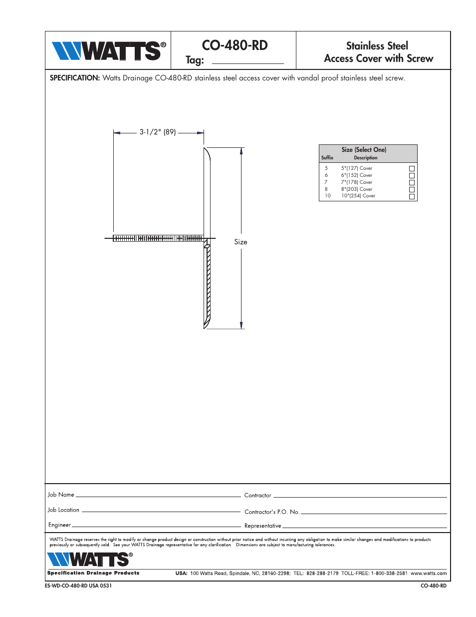 Watts CO-480-RD User Manual | 1 page