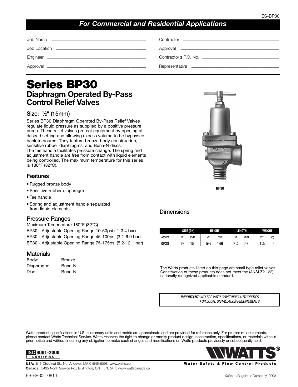 Watts BP30 User Manual | 1 page