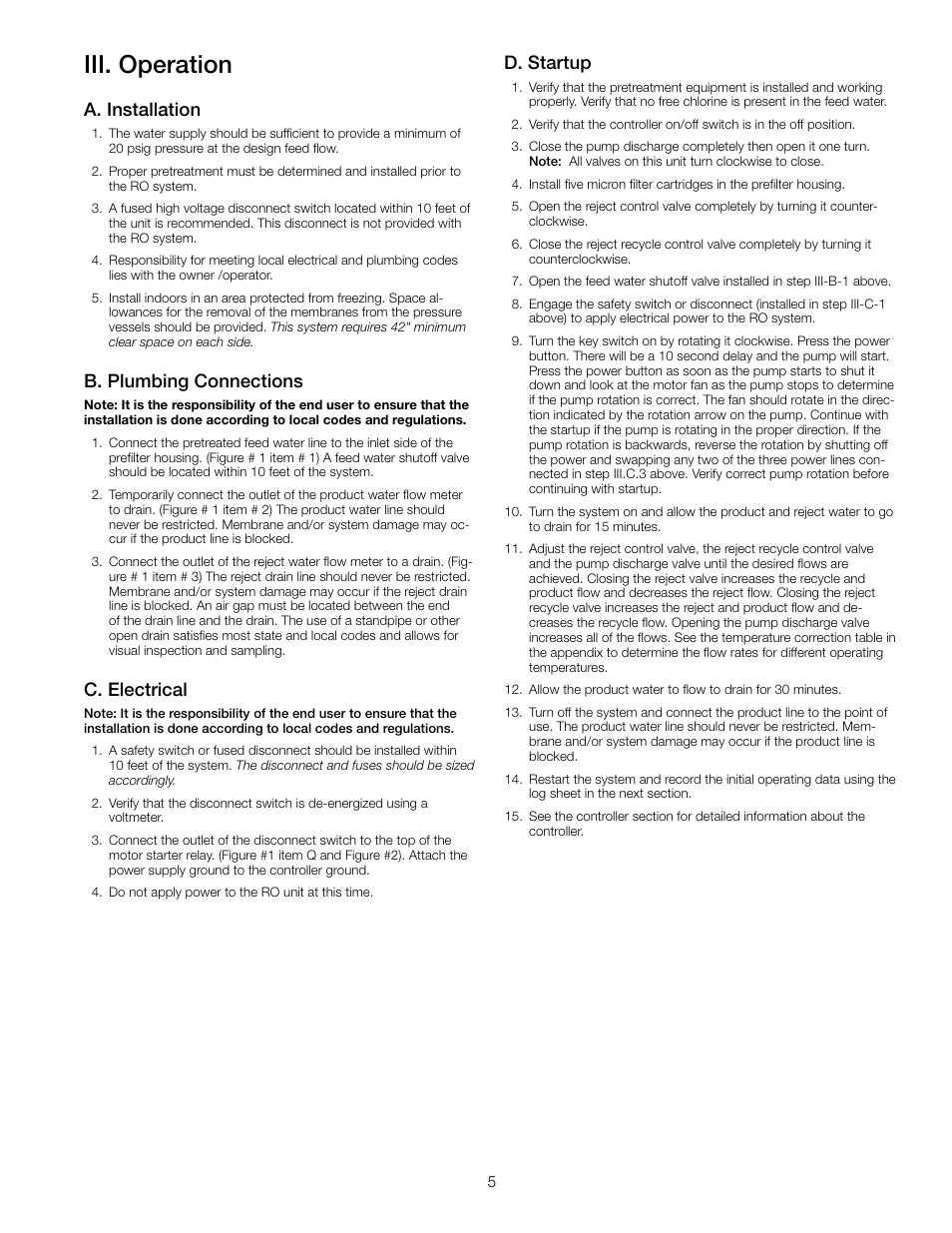 Iii. operation, A. installation, B. plumbing connections | C. electrical, D. startup | Watts PWR8024 User Manual | Page 5 / 12