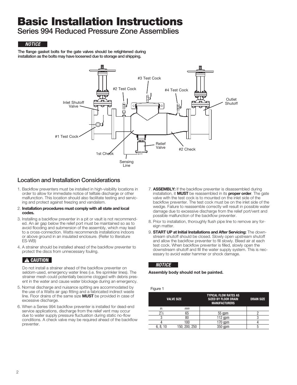 Basic installation instructions, Series 994 reduced pressure zone assemblies, Location and installation considerations | Watts 994 User Manual | Page 2 / 8