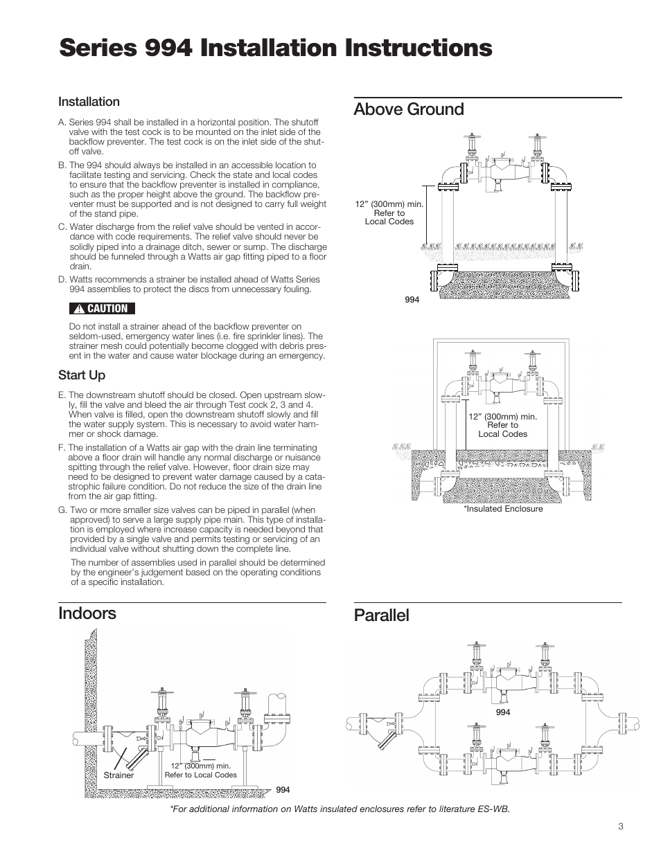 Series 994 installation instructions, Parallel indoors above ground, Installation | Start up | Watts 994 User Manual | Page 3 / 8