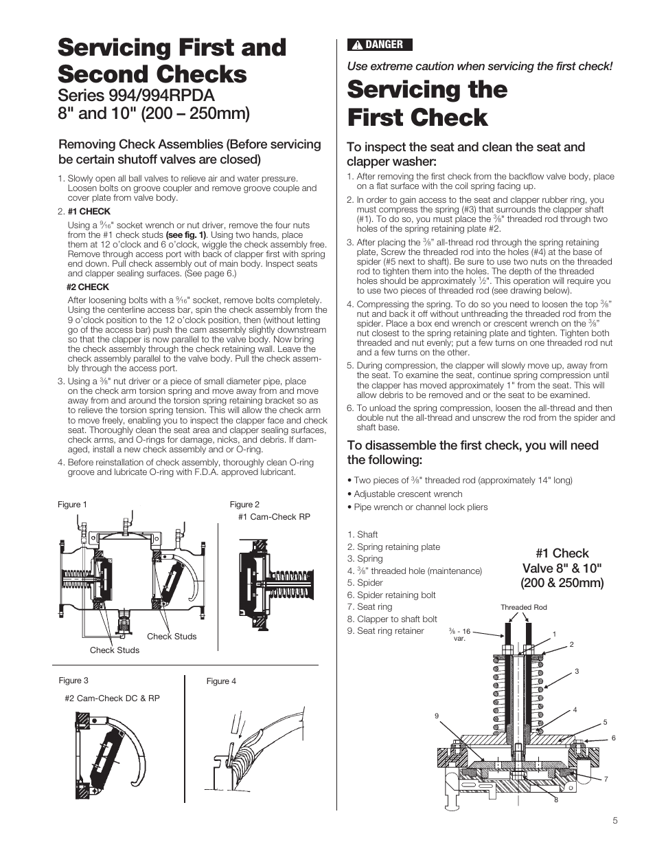 Servicing first and second checks, Servicing the first check, Use extreme caution when servicing the first check | Watts 994 User Manual | Page 5 / 8