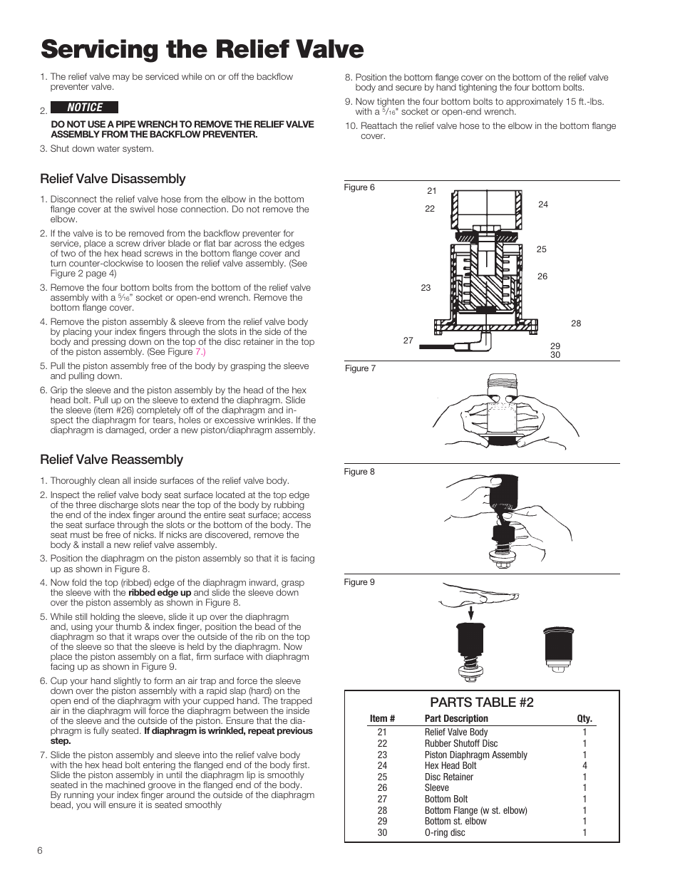 Servicing the relief valve, Relief valve disassembly, Relief valve reassembly | Parts table #2 | Watts 994 User Manual | Page 6 / 8