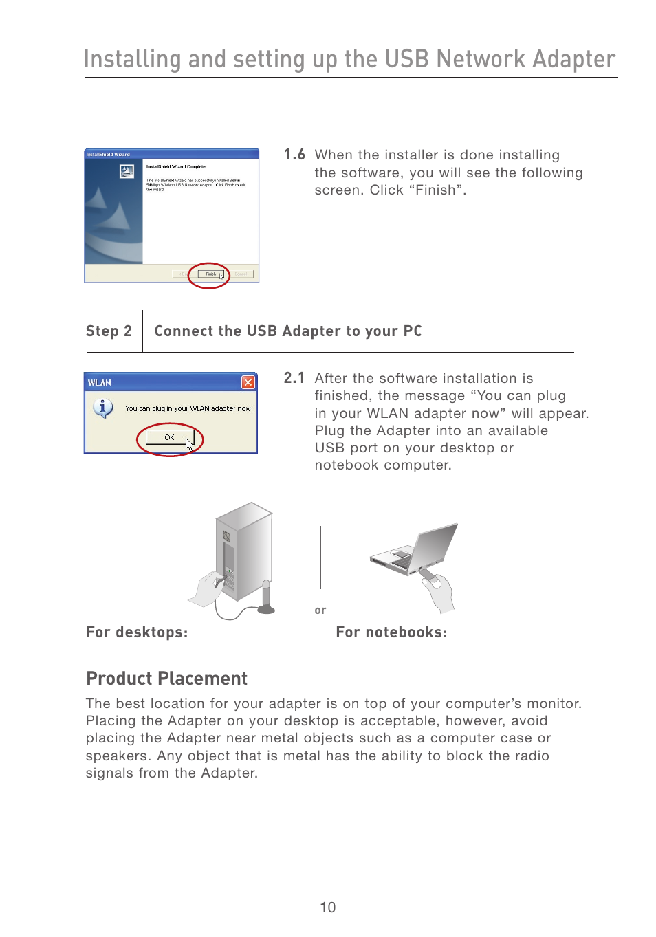 Installing and setting up the usb network adapter, Se ct io n | Belkin F5D7050 User Manual | Page 12 / 42