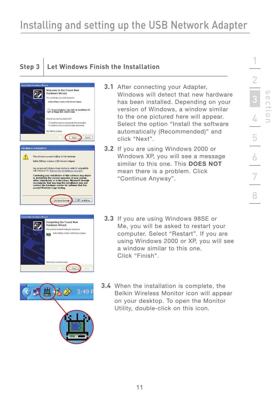 Installing and setting up the usb network adapter, Se ct io n | Belkin F5D7050 User Manual | Page 13 / 42