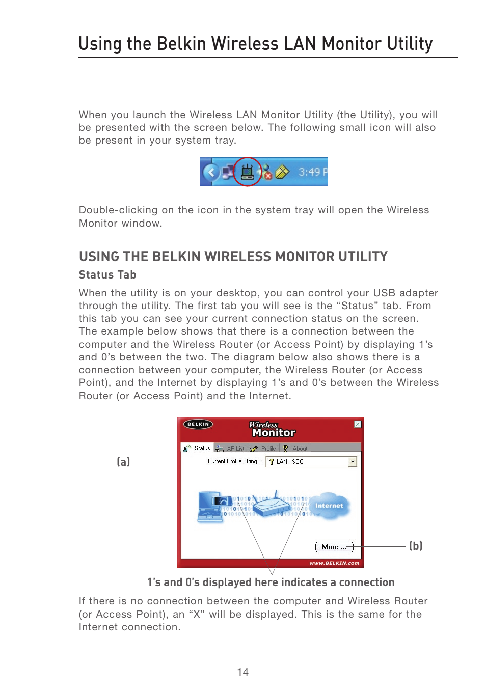 Using the belkin wireless lan monitor utility | Belkin F5D7050 User Manual | Page 16 / 42