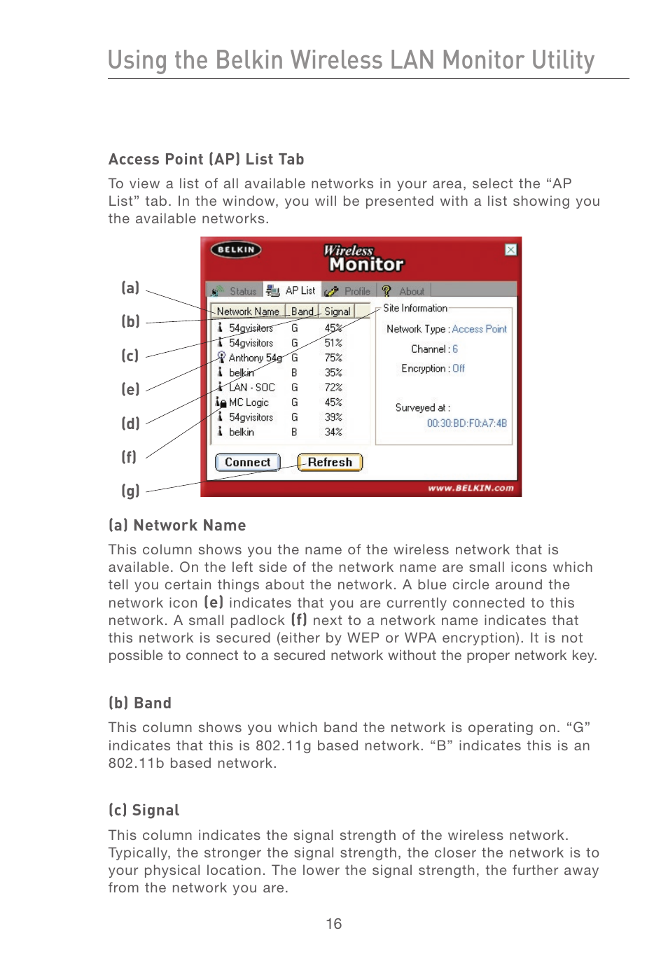 Using the belkin wireless lan monitor utility, Se ct io n | Belkin F5D7050 User Manual | Page 18 / 42