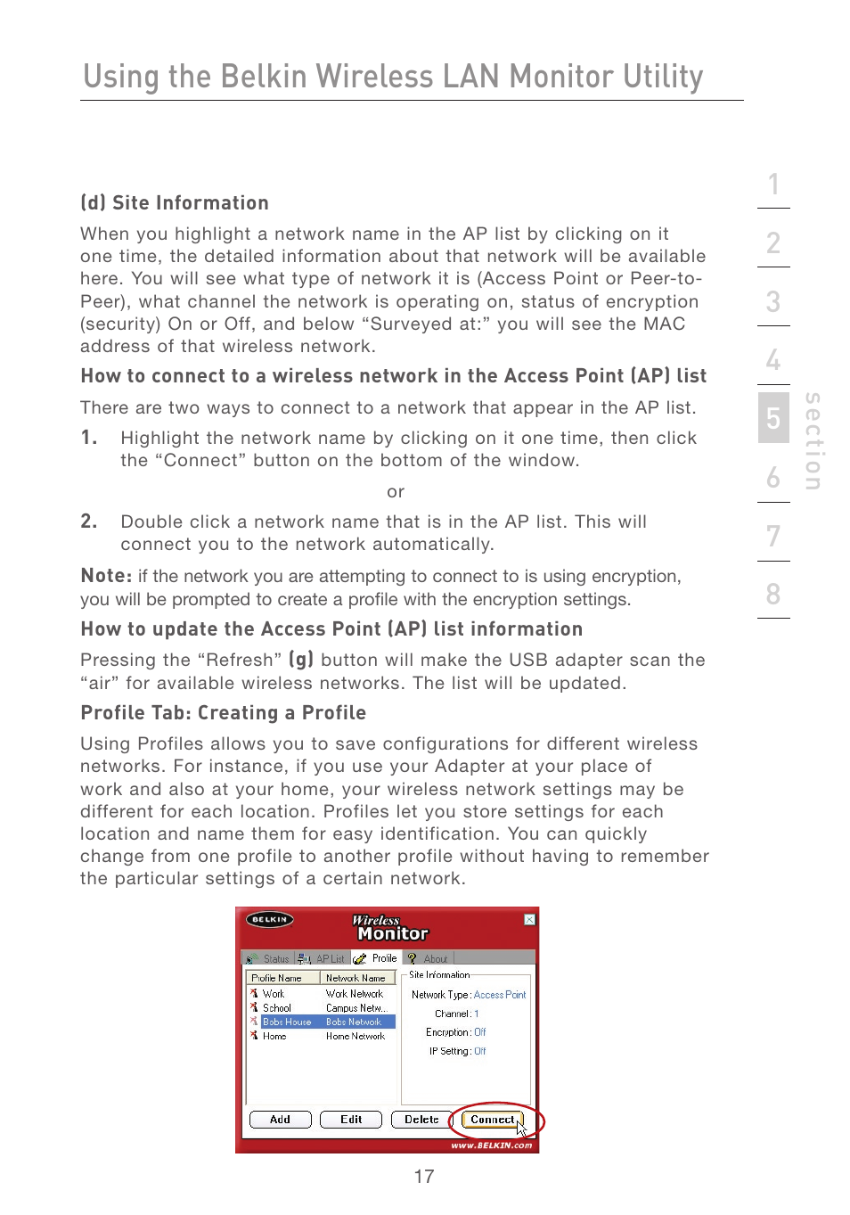 Using the belkin wireless lan monitor utility, Se ct io n | Belkin F5D7050 User Manual | Page 19 / 42