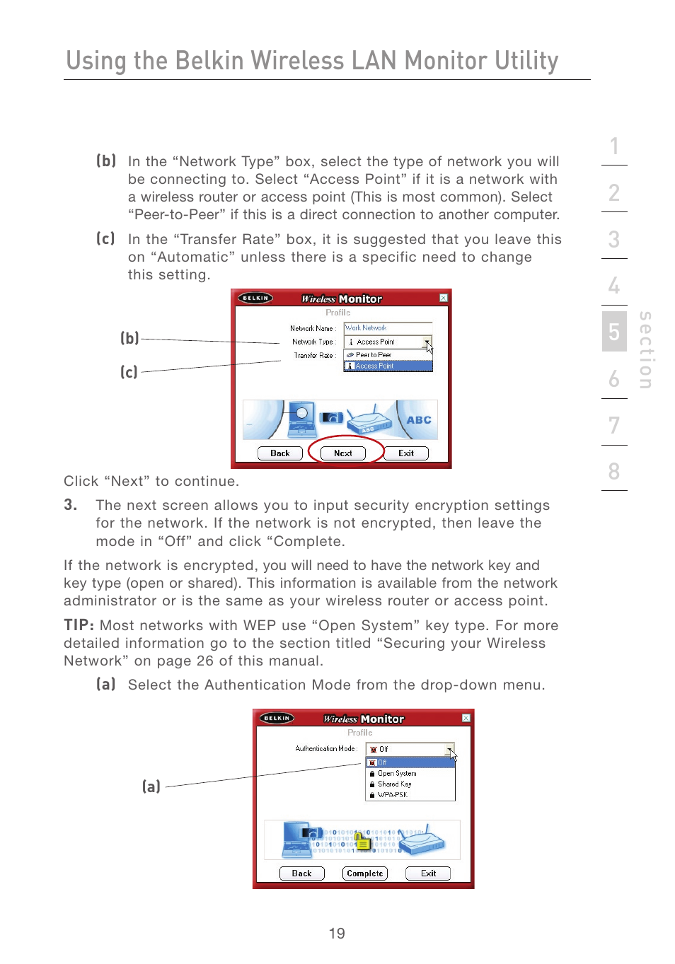 Using the belkin wireless lan monitor utility, Se ct io n | Belkin F5D7050 User Manual | Page 21 / 42