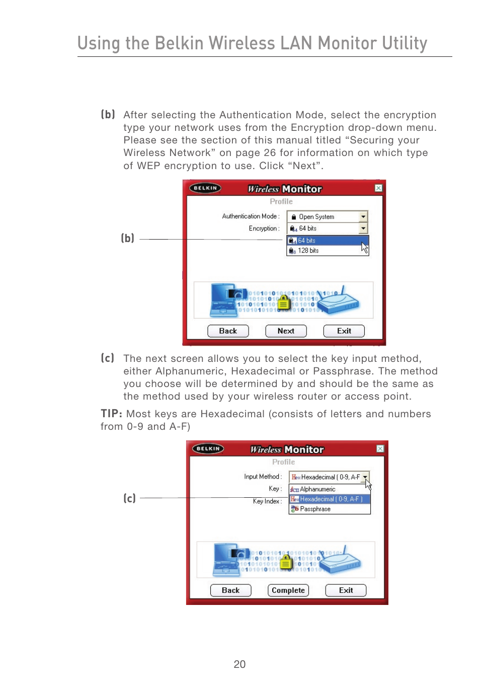 Using the belkin wireless lan monitor utility | Belkin F5D7050 User Manual | Page 22 / 42